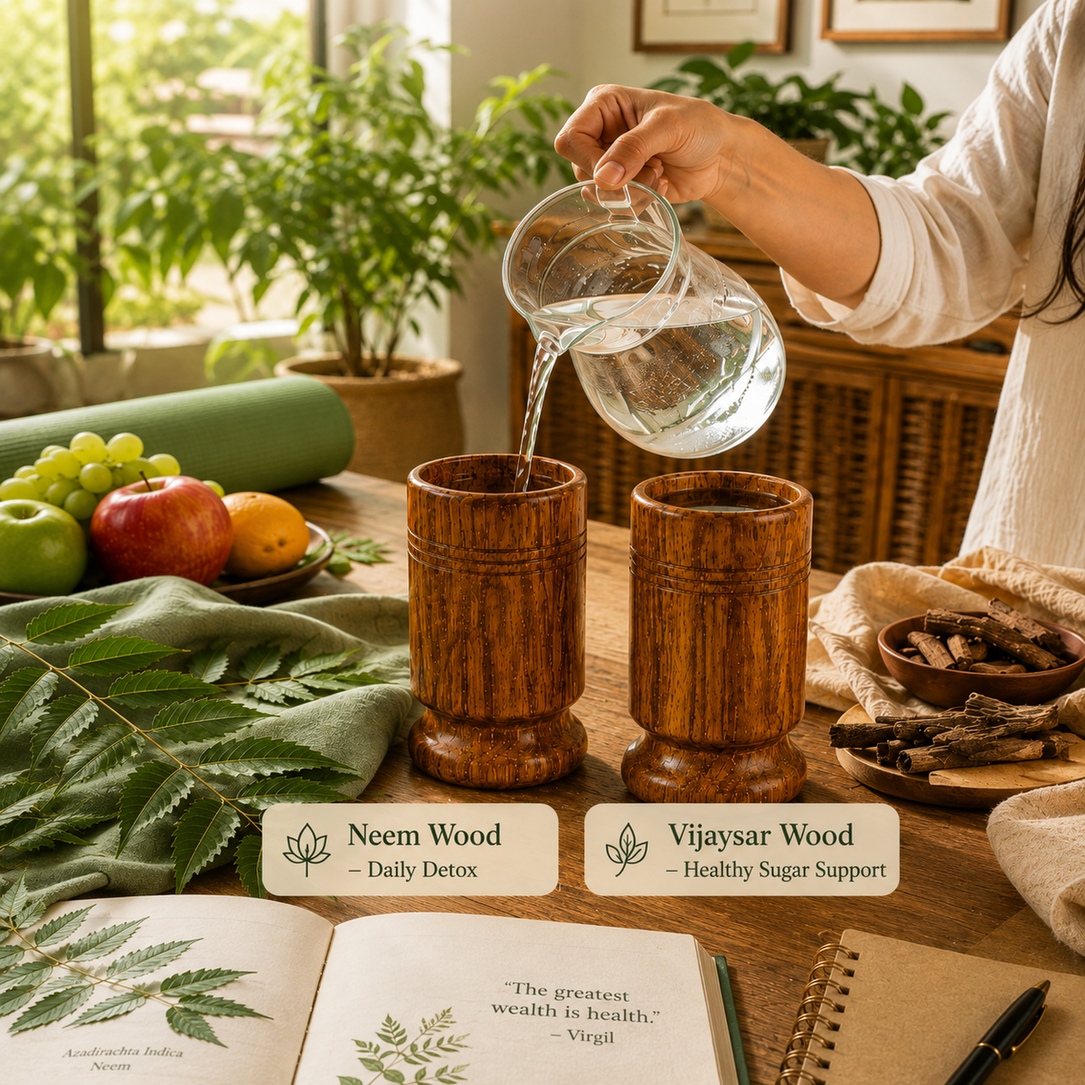 Ayurvedic Vijaysar and Neem Wood Combo | Sugar Balance and Detox Glass